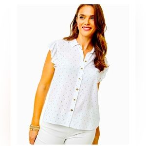 Lilly Pulitzer. Branson Button Down Top - Metallic Clip Rayon Voile NEW 🔥